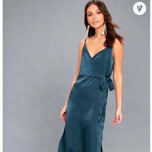 Fall in Love Teal Blue Satin Midi Wrap Dress (J.O.A.)